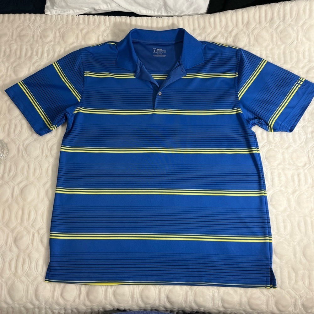 PGA Tour Golf Polo Shirt Men's XL Blue Yellow Striped Short Sleeve Performance - Picture 2 of 8